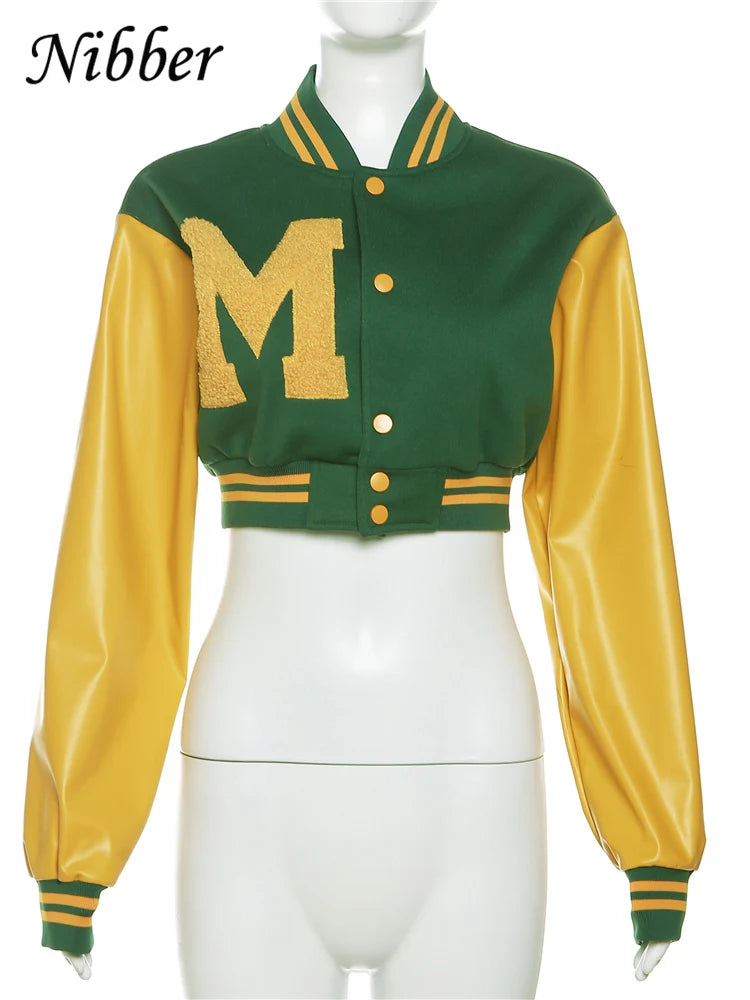 Autumn Hipster PU Jacket Women Long Sleeve Patchwork Short Varsity Baseball Coat Female Casual Warm Streetwear Top