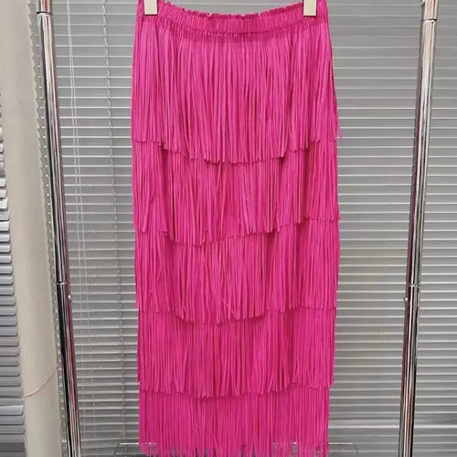 Load image into Gallery viewer, Vintage Elegant Skirt For Women High Waist Patchwork Tassel Hem Solid Midi Skirts Female High Street Summer Clothing Style Y2k
