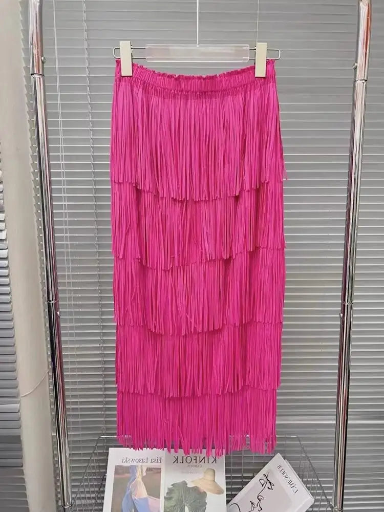 Vintage Elegant Skirt For Women High Waist Patchwork Tassel Hem Solid Midi Skirts Female High Street Summer Clothing Style Y2k