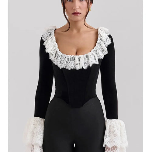 Load image into Gallery viewer, Fashion Lace Lace Korean Velvet Patchwork Elastic Tight Women's Top Sexy Bandage T-shirt Autumn/Winter Long Sleeve 2025
