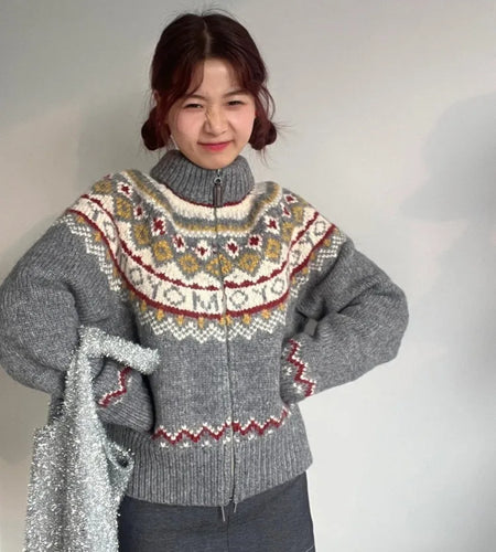 Jacquard Sweet Christmas Vintage Cardigans Women Harajuku Zipper Grunge Sweaters Loose Streetwear Knitted Coats Y2k Aesthetic