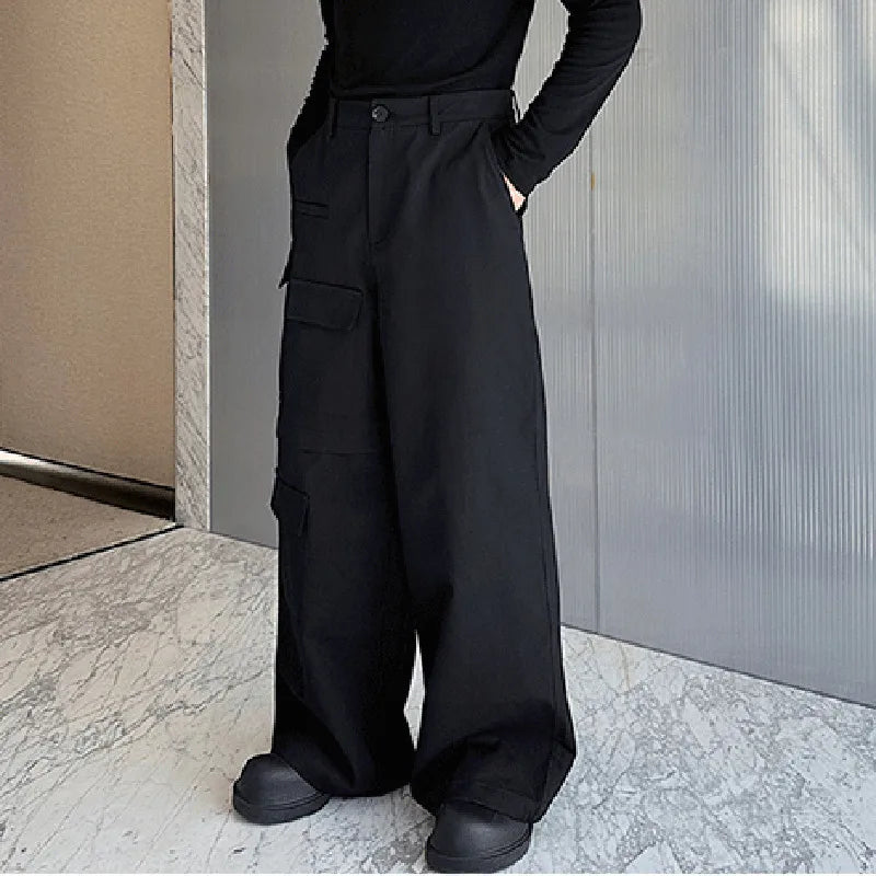 Autumn Men's Cargo Pants Patchwork Solid Color Casual Straight Wide Leg Dark Style Male Trousers Simple 9C7084