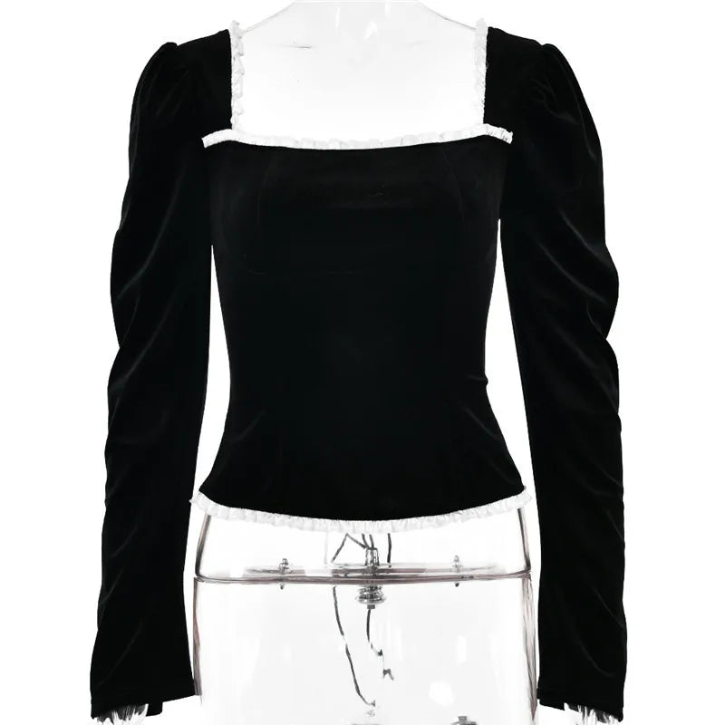 Square Collar Backless Bandage Sexy T-shirt Women Autumn Winter New Black Shoulder Pad Sleeve Skinny Sexy Party Tops