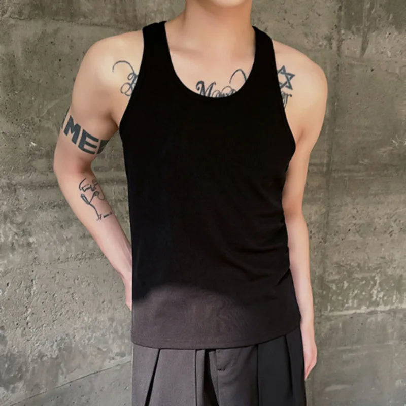 Summer New Men's Sleeveless Vest Round Neck Slim Fit Tank Top Trendy Bottom Top Solid Color Personality Male 9C5480