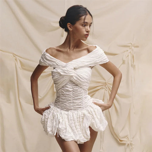 Load image into Gallery viewer, Sexy Off-shoulder Sleeveless Pleated A-line Mini Dress For Women Patchwork Slim Fit Summer Robe High Waist Party Dress
