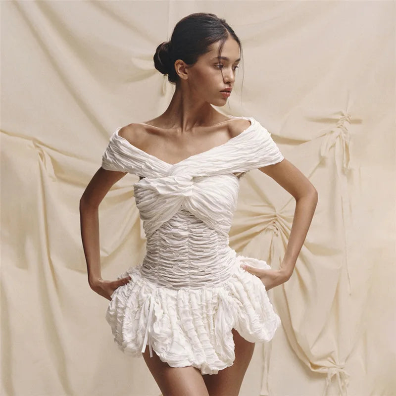 Sexy Off-shoulder Sleeveless Pleated A-line Mini Dress For Women Patchwork Slim Fit Summer Robe High Waist Party Dress