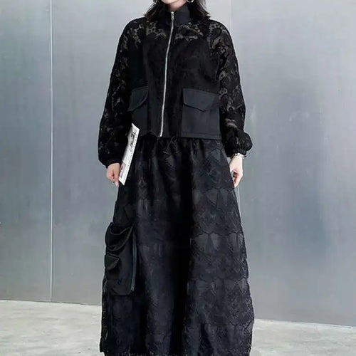 Load image into Gallery viewer, Black Lace Jacket Pocket Skirt Two Pieces Suit New Stand Collar Long Sleeve Women Fashion Tide Spring Autumn 2025 1DJ0248
