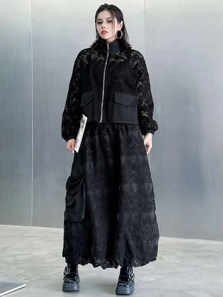 Black Lace Jacket Pocket Skirt Two Pieces Suit New Stand Collar Long Sleeve Women Fashion Tide Spring Autumn 2025 1DJ0248