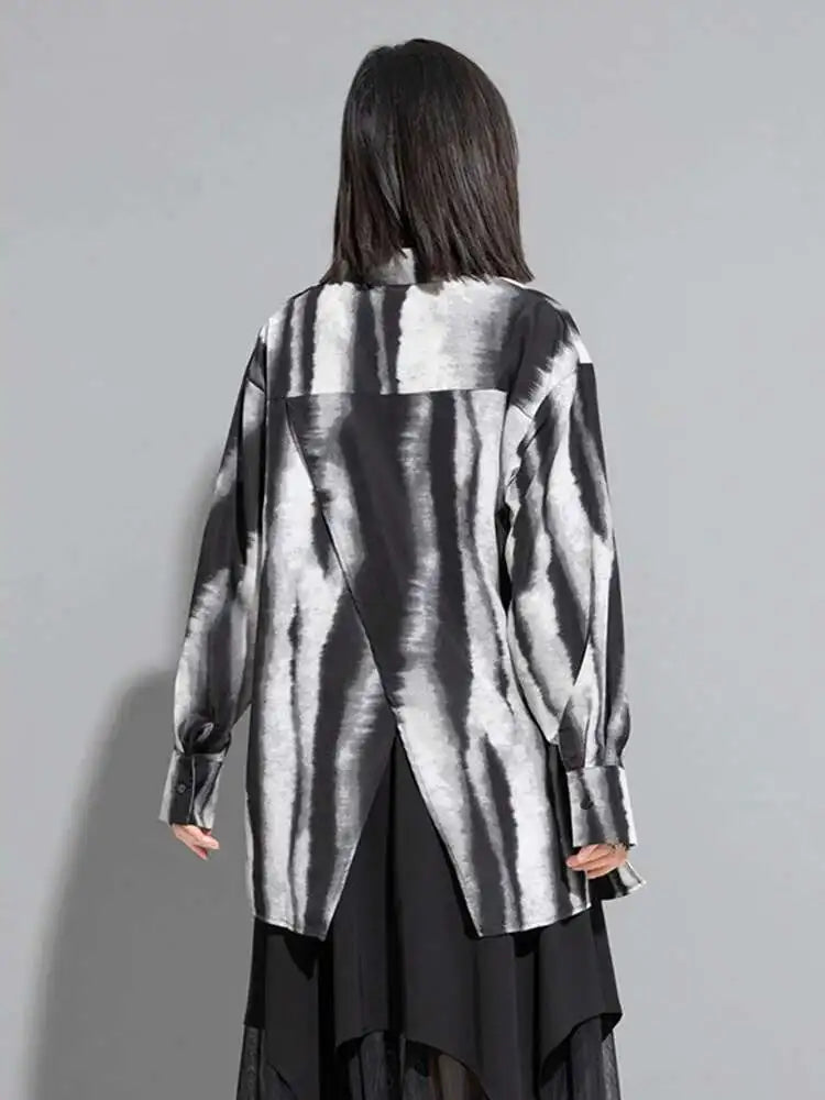 Women Striped Tie Dye Back Split Big Size Blouse New Lapel Long Sleeve Loose Fit Shirt Fashion Spring Autumn 2025 1DF6518