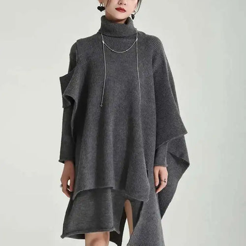 Load image into Gallery viewer, Women Gray Irregular Design Knitting Dress New Turtleneck Long Sleeve Loose Fit Fashion Tide Spring Autumn 2025 1DF2618
