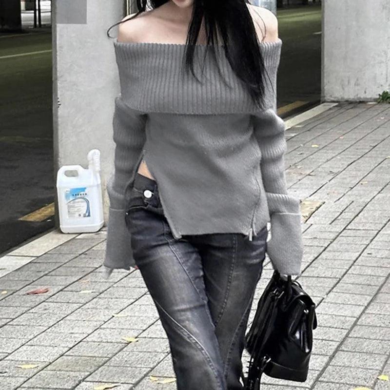 Korean Fashion Tierred Knitted Sweater Female Zipper Solid Autumn Winter Jumper Casual Off Shoulder Pullover Outfits