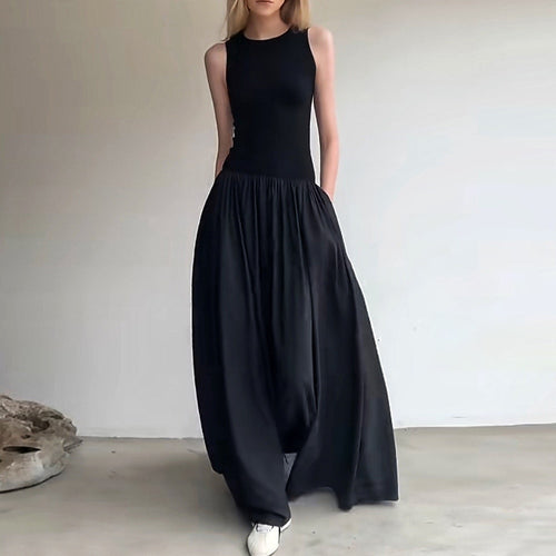 Load image into Gallery viewer, Summer Slim Dress For Women Round Neck Sleeveless High Waist Spliced Pockets Long Dresses Female Clothing
