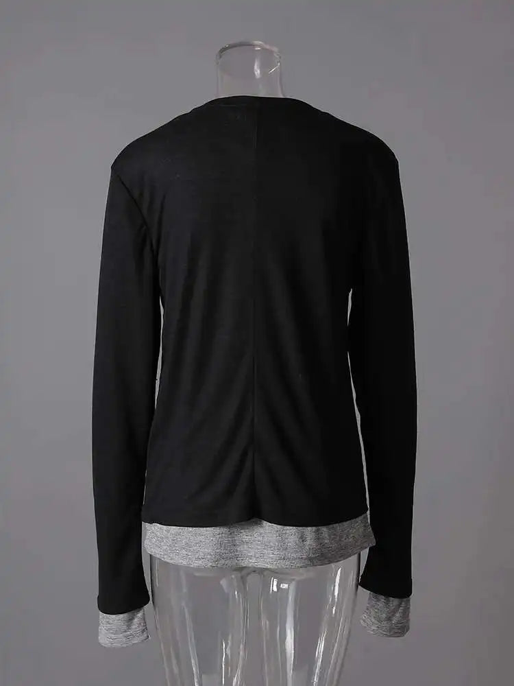 Women Black Gray Color-block Slim Knitting T-shirt New Round Neck Long Sleeve Fashion Tide Spring Autumn 2025 CPG2853