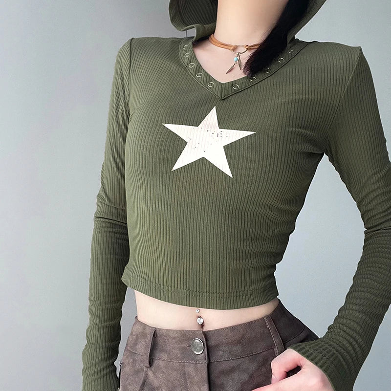 Harajuku Star Print Green Hooded Tee Shirt Long Sleeve Skinny Korean Style Crop Top Women Basic Eyelet Autumn T shirt