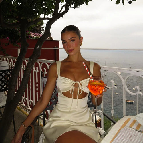 Load image into Gallery viewer, Hollow Out Bandage Sexy Mini Dress For Women 2024 Summer New Spaghetti Sleeveless Backless Bodycon Club Party Dress
