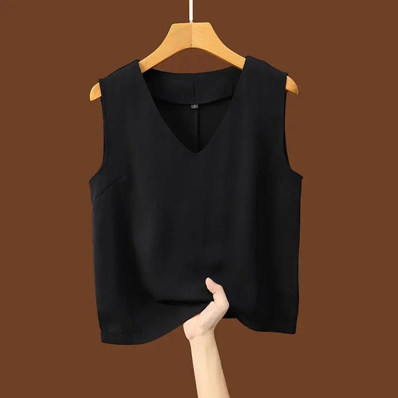 Women Summer Black White Festival Tank Tops Casual Brown Beige Lady V-neck Sleeveless Versatile Short Vest Clothing Simplicity