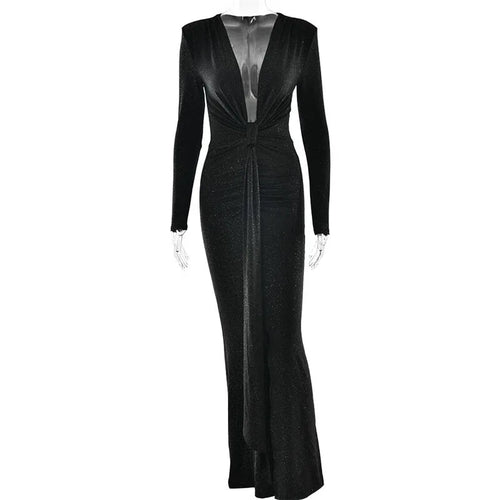 Load image into Gallery viewer, Glitter Deep V Neck Sexy Maxi Dress For Women Elegant Sparkle Long Sleeve Ruched Bodycon Split Club Party Sexy Dress
