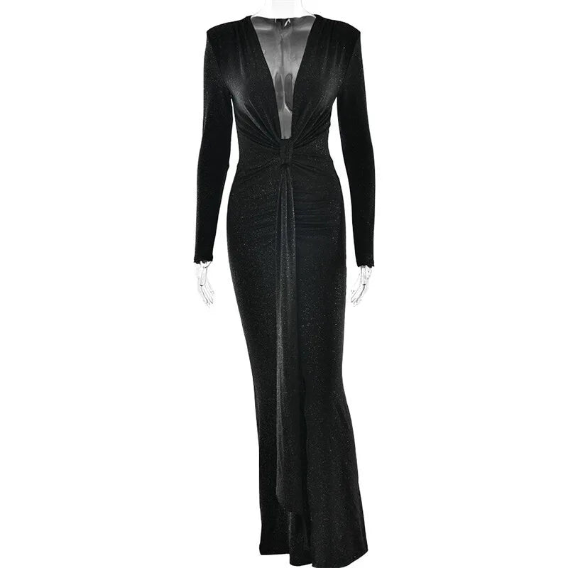Glitter Deep V Neck Sexy Maxi Dress For Women Elegant Sparkle Long Sleeve Ruched Bodycon Split Club Party Sexy Dress