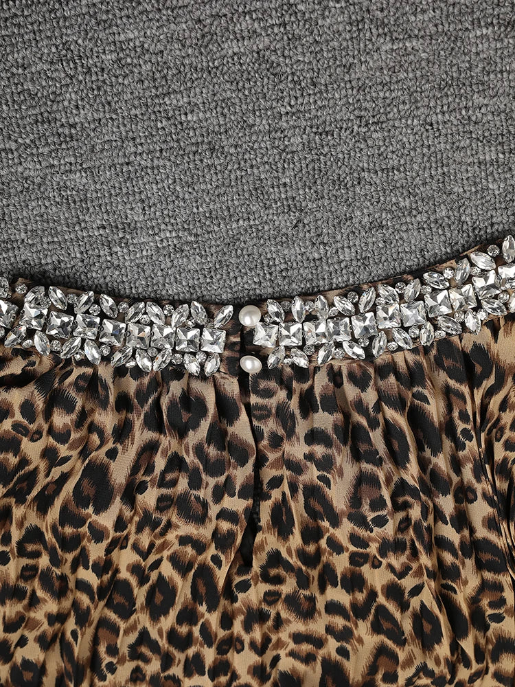Women Brown Leopard Printed Rhinestones Long Dress New Round Neck Long Sleeve Fashion Tide Spring Autumn 2025 3WM2692