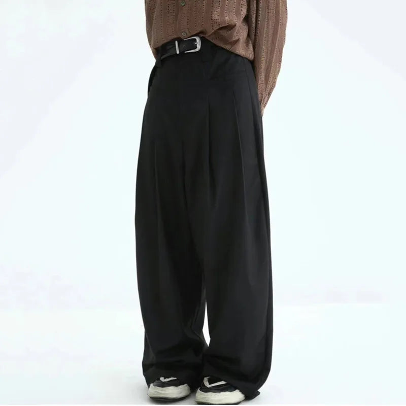 Summer Fold Design Pants Men Loose Straight Wide Leg Solid Color Trousers Casual Bottoms Trendy Male 28W3838