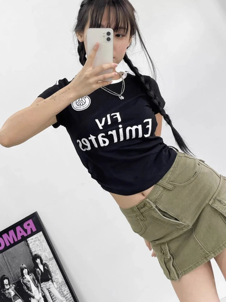 Summer Crop Tshirts for Women Drawstraight Tunic Fashion Y2k Tops O-neck Short Sleeve Tees Casual Korean Camisetas Ropa Mujer