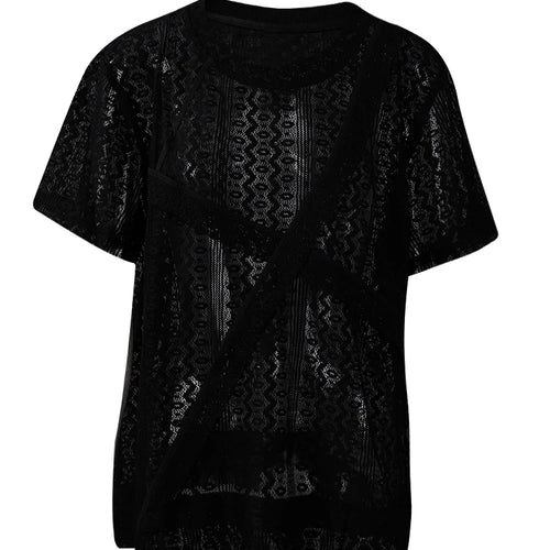 Load image into Gallery viewer, Women White Lace Perspecvtive Big Size Thin T-shirt New Round Neck Short Sleeve Fashion Tide Spring Summer 2025 1DH5692
