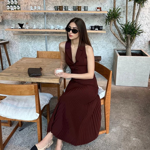 Load image into Gallery viewer, Fashion Skirt Two Piece Sets Women Notched Collar Sleeveless Crop Tops And Midi Skirt Femme Elegant Pleated Skirt Sets
