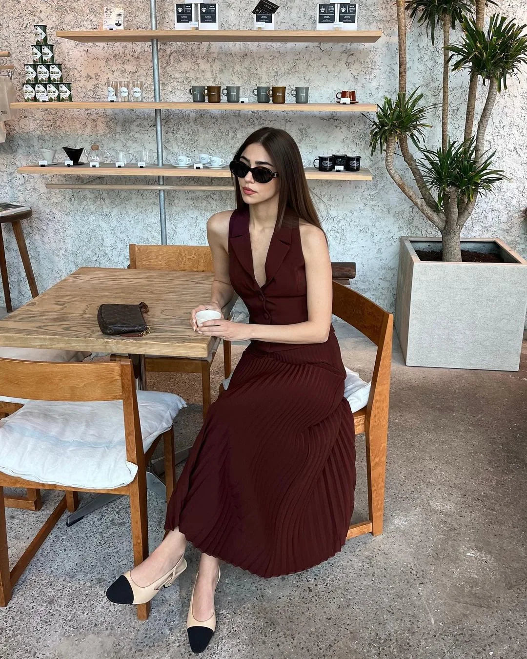 Fashion Skirt Two Piece Sets Women Notched Collar Sleeveless Crop Tops And Midi Skirt Femme Elegant Pleated Skirt Sets