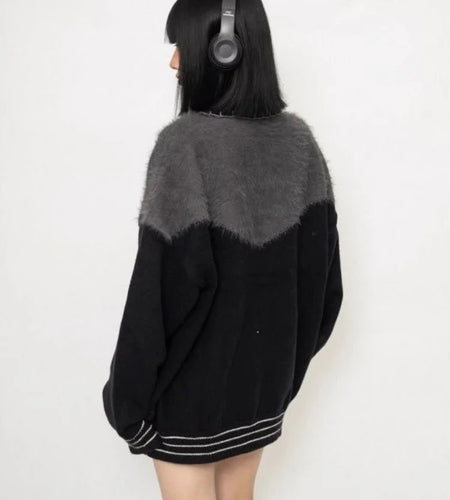 Y2k Aesthetic Contrast Color Patchwork Cardigan Streetwear Turn Down Collar Casual Tops Grunge Single Breasted Vintage Sweater