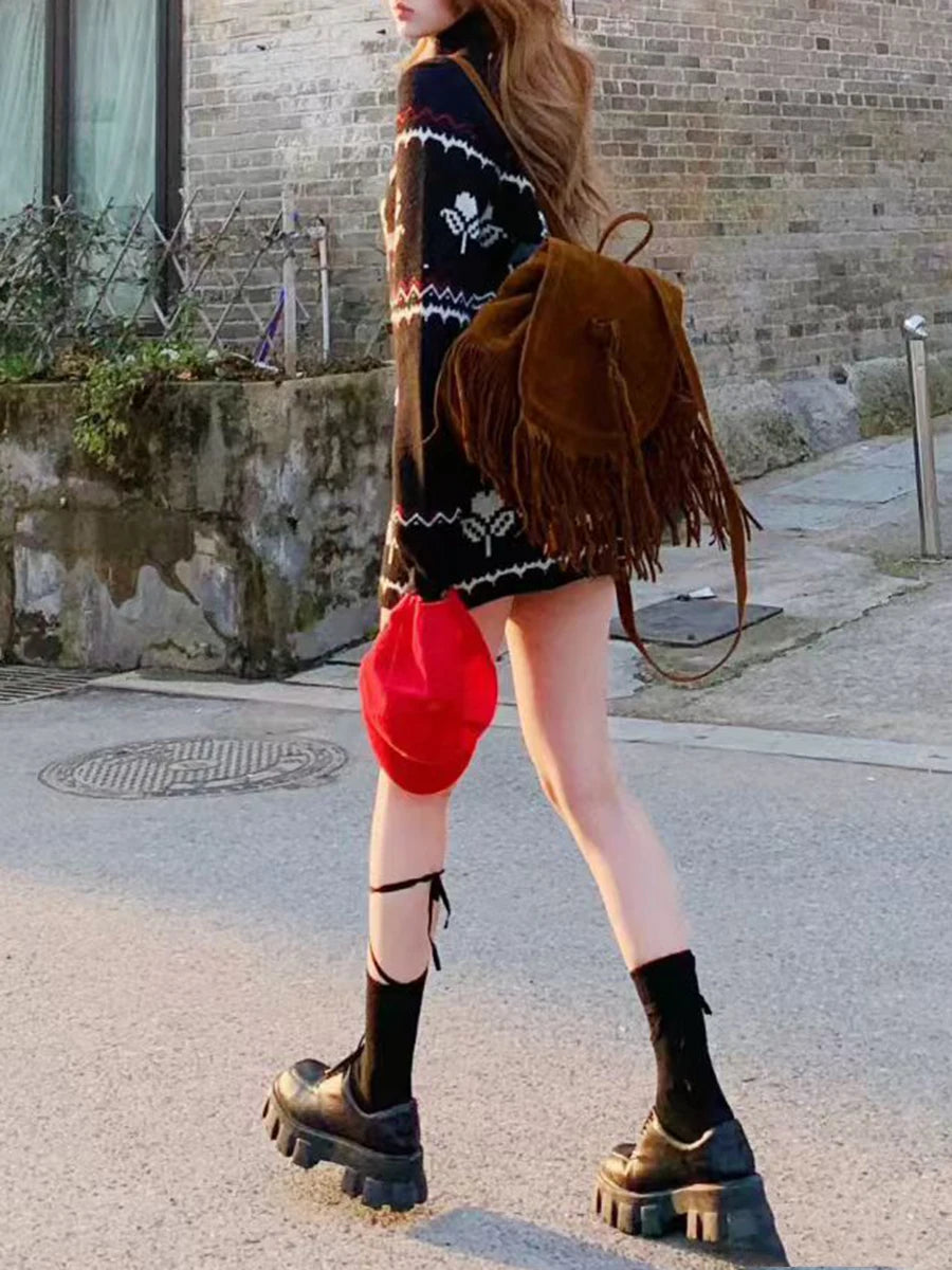 Slimming Knit Two Piece Sets for Women O Neck Long Sleeves Spliced Zipper Sweater High Waist Mini Skirt Set Female