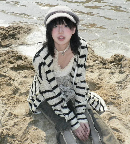 Japanese Y2k Hooded Cardigan Vintage 2000s Style Rabbit Ears Knitted Coat Harajuku Black Striped Knitwear Korean Popular