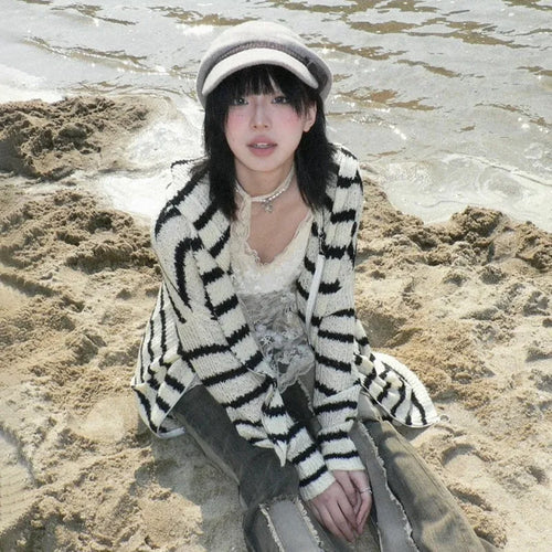 Load image into Gallery viewer, Japanese Y2k Hooded Cardigan Vintage 2000s Style Rabbit Ears Knitted Coat Harajuku Black Striped Knitwear Korean Popular
