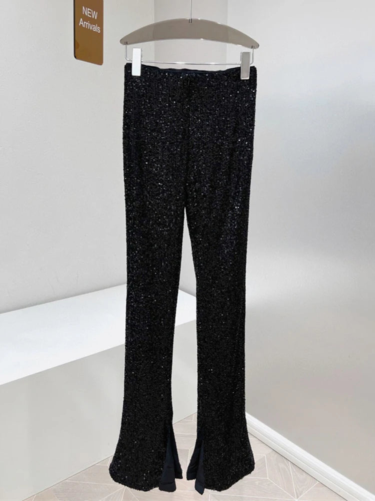 Patchwork Sequins Pants For Women High Waist Slim Split Hem Flare Pant Spring Female Style Fashion Clothing