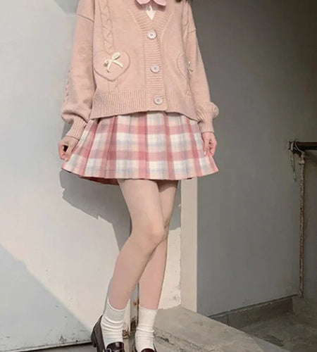 Japanese Kawaii Knitted Cardigan Women Heart Bow Pockets Cute Sweater Coat JK Girl Sweet Loose V-neck Kardigan Damski
