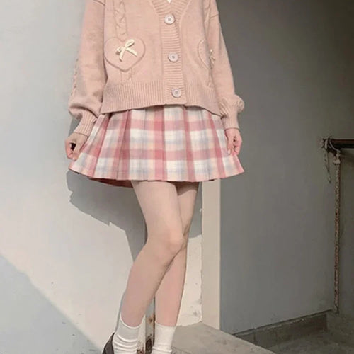 Load image into Gallery viewer, Japanese Kawaii Knitted Cardigan Women Heart Bow Pockets Cute Sweater Coat JK Girl Sweet Loose V-neck Kardigan Damski
