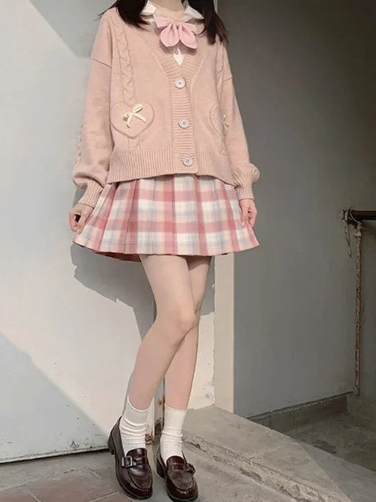 Japanese Kawaii Knitted Cardigan Women Heart Bow Pockets Cute Sweater Coat JK Girl Sweet Loose V-neck Kardigan Damski