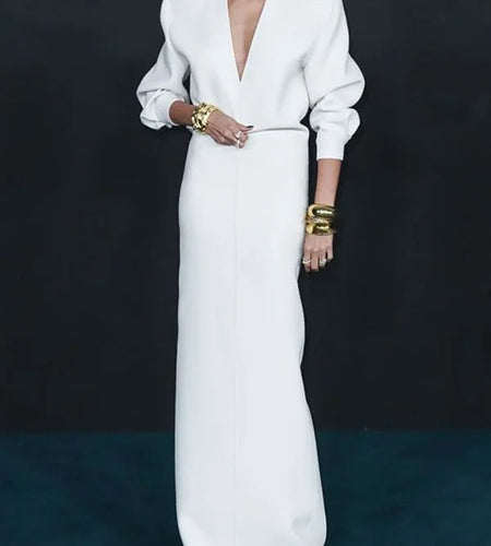 Spring Autumn Deep V White Long Dress Women 2025 Long Sleeve Casual Simple Party Evening Maxi Dresses Woman Clothing