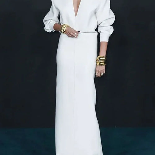 Load image into Gallery viewer, Spring Autumn Deep V White Long Dress Women 2025 Long Sleeve Casual Simple Party Evening Maxi Dresses Woman Clothing
