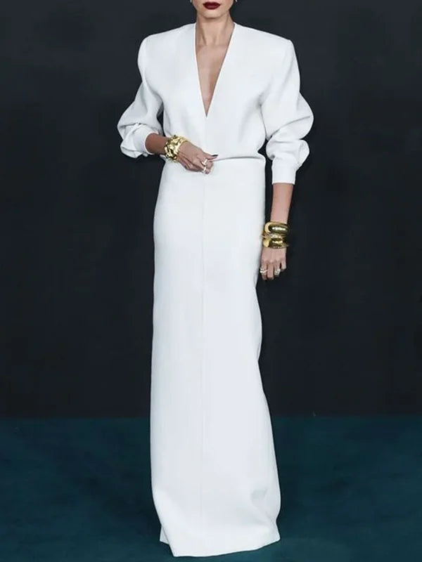 Spring Autumn Deep V White Long Dress Women 2025 Long Sleeve Casual Simple Party Evening Maxi Dresses Woman Clothing