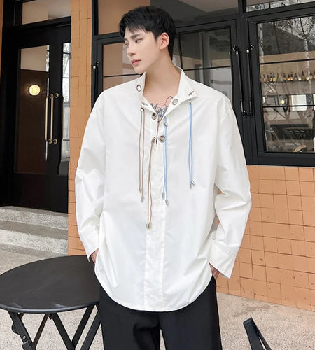 Male Shirts New Niche Design Buckle Rope Decoration Long Sleeved Shirt Trendy Casual Solid Color Stand Collar Top 9W1282