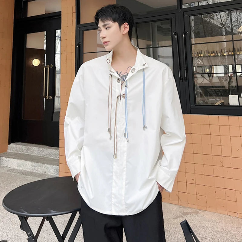 Male Shirts New Niche Design Buckle Rope Decoration Long Sleeved Shirt Trendy Casual Solid Color Stand Collar Top 9W1282