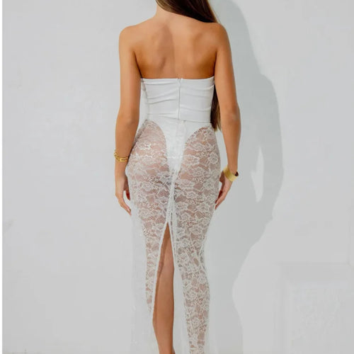 Load image into Gallery viewer, Sexy Lace Patchwork Bodysuit Long Skirt Set Women Zipper Tight Top Split Half Skirt See Through Two-piece Fall New 2024
