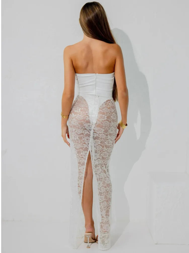 Sexy Lace Patchwork Bodysuit Long Skirt Set Women Zipper Tight Top Split Half Skirt See Through Two-piece Fall New 2024