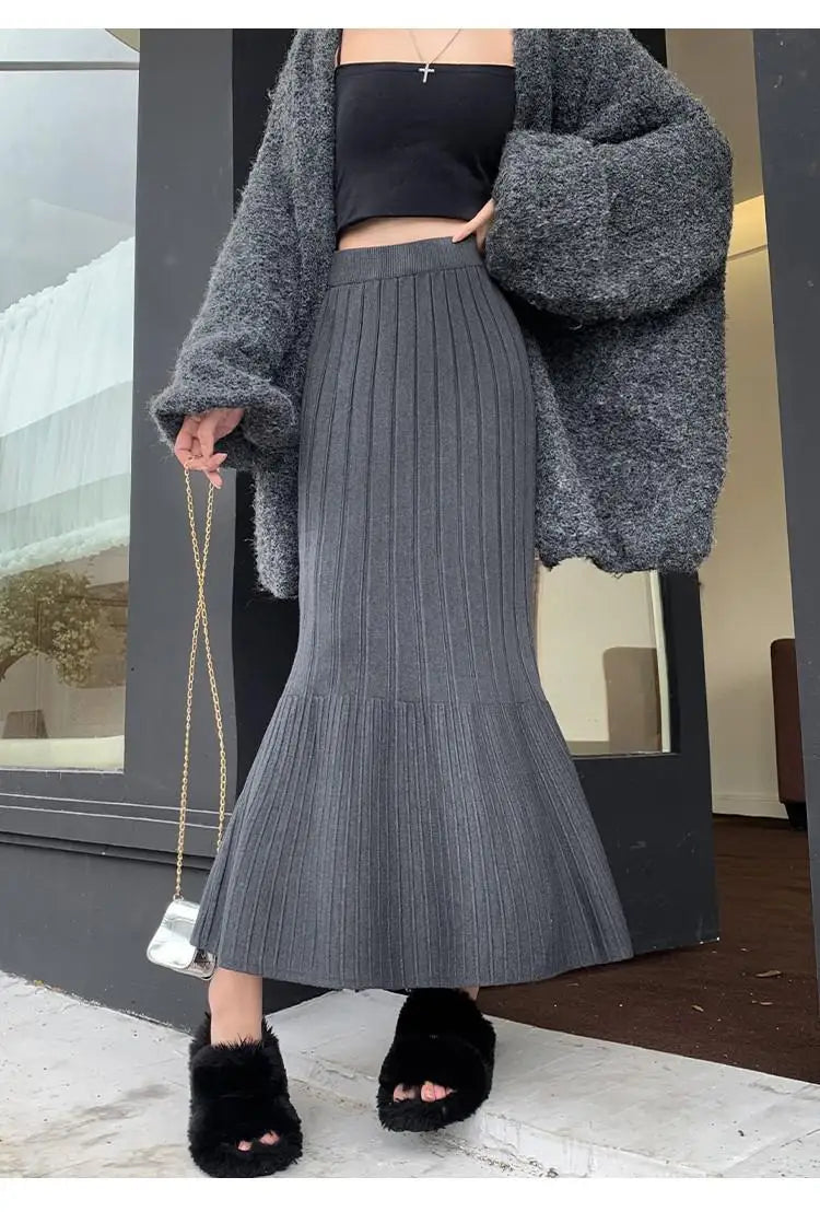 Vintage Women Solid High Waist Versatile Pleated A-line Long Skirt 2024 Autumn Winter French Sweet Knitted Fishtail Skirt Street