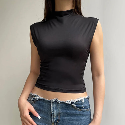 Load image into Gallery viewer, Casual Skinny Folds Basic Summer Women Tee Shirt Slim Stand Collar Streetwear Cropped Tops Sporty All-Match Clothing
