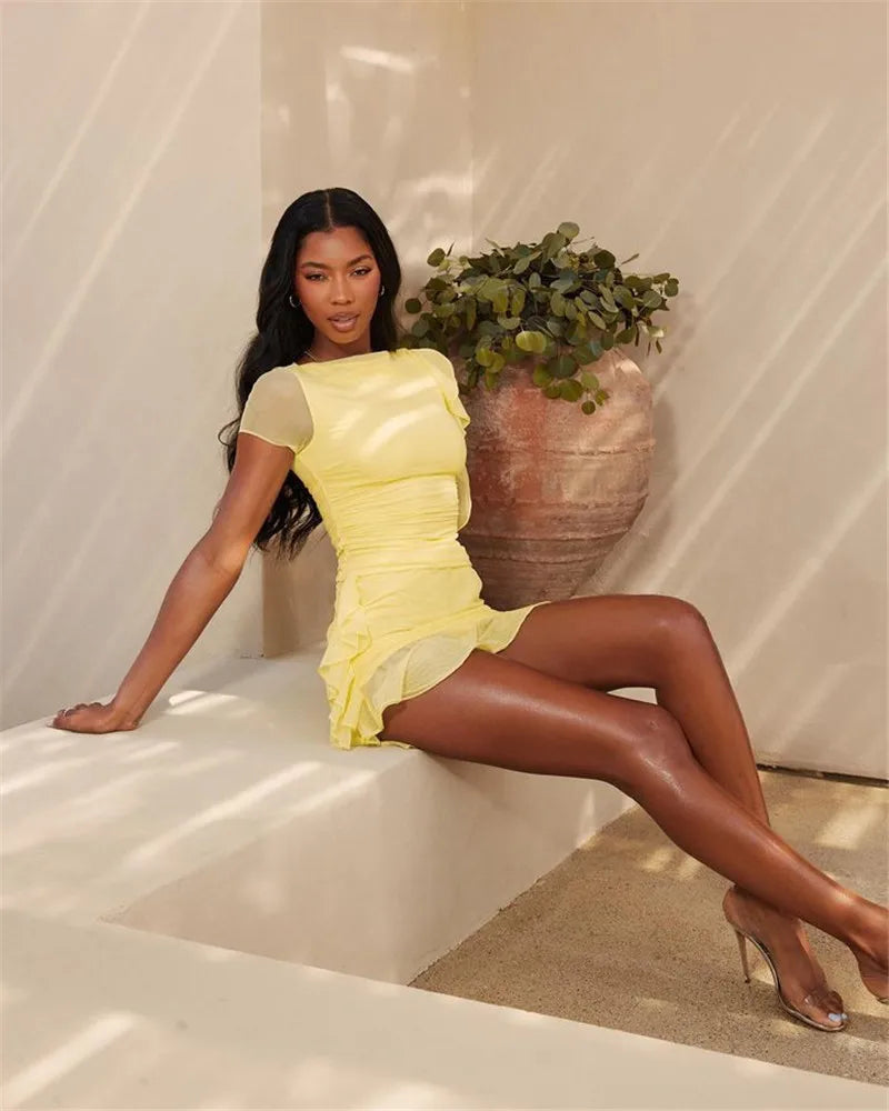 Elegant Ruffle Two Piece Set Women O Neck Short Sleeve Crop Tops And Mini Skirt Femme Fashion Party Sexy Dress Set 2023