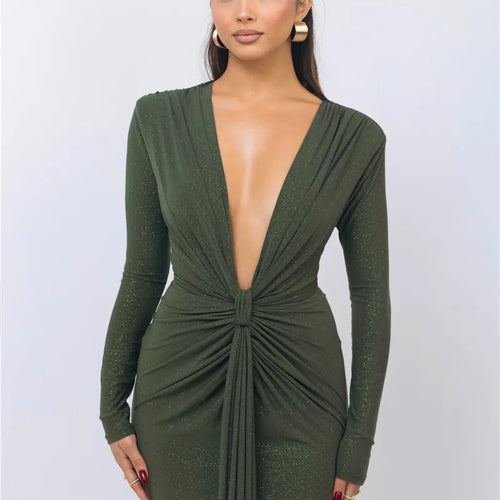 Load image into Gallery viewer, Glitter Deep V Neck Sexy Maxi Dress For Women Elegant Sparkle Long Sleeve Ruched Bodycon Split Club Party Sexy Dress
