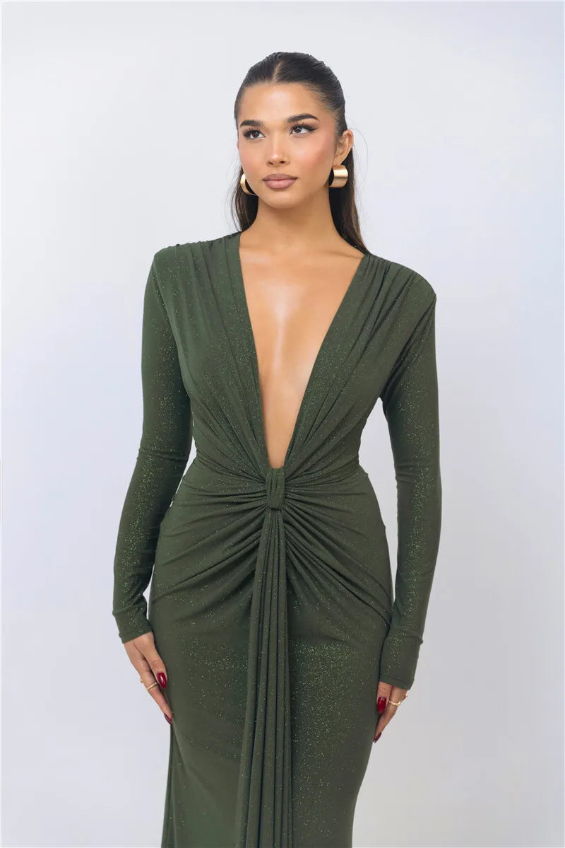 Glitter Deep V Neck Sexy Maxi Dress For Women Elegant Sparkle Long Sleeve Ruched Bodycon Split Club Party Sexy Dress