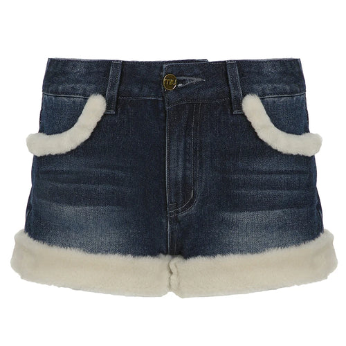 Load image into Gallery viewer, Faux Fur Trim Patchwork Denim Shorts Y2K Aesthetics Hotsweet Winter Pocket Button Cute Short Pants Korean Bottoms New
