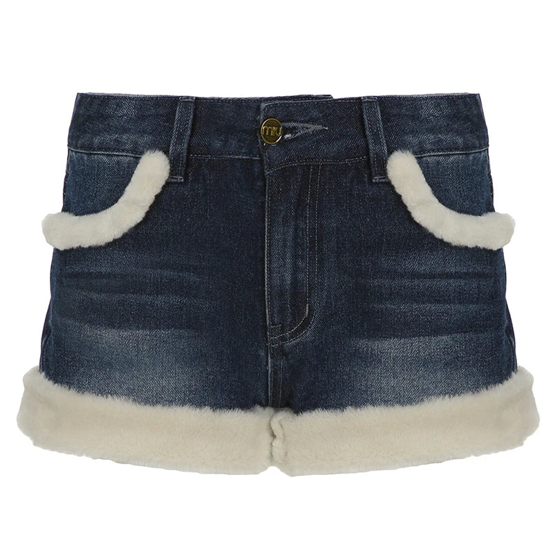 Faux Fur Trim Patchwork Denim Shorts Y2K Aesthetics Hotsweet Winter Pocket Button Cute Short Pants Korean Bottoms New